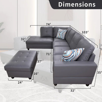 L- Shape Sectional Sofa: 103.5" Wide Faux Leather Sofa & Chaise with ottoman(Dark Gray)