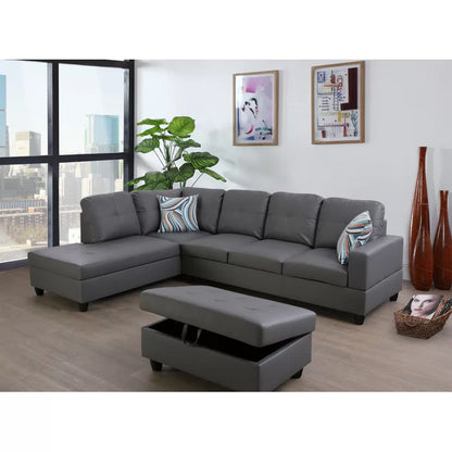 L- Shape Sectional Sofa: 103.5" Wide Faux Leather Sofa & Chaise with ottoman(Dark Gray)