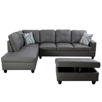L- Shape Sectional Sofa: 103.5" Wide Faux Leather Sofa & Chaise with ottoman(Dark Gray)