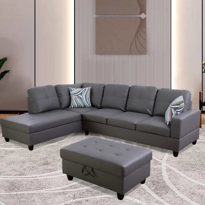 L- Shape Sectional Sofa: 103.5" Wide Faux Leather Sofa & Chaise with ottoman(Dark Gray)