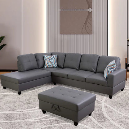 L- Shape Sectional Sofa: 103.5" Wide Faux Leather Sofa & Chaise with ottoman(Dark Gray)