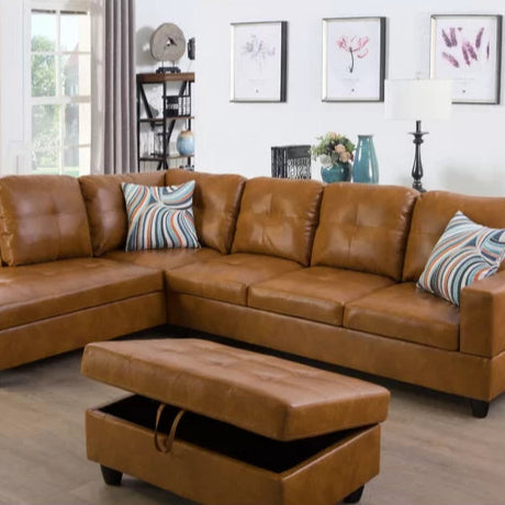 L- Shape Sectional Sofa: 103.5" Wide Faux Leather Sofa & Chaise with ottoman(Ginger)