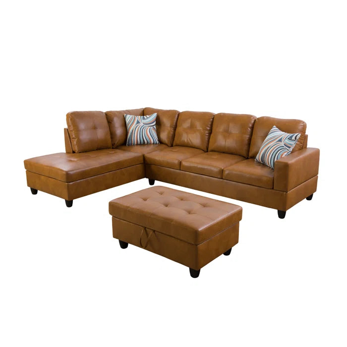 L- Shape Sectional Sofa: 103.5" Wide Faux Leather Sofa & Chaise with ottoman(Ginger)
