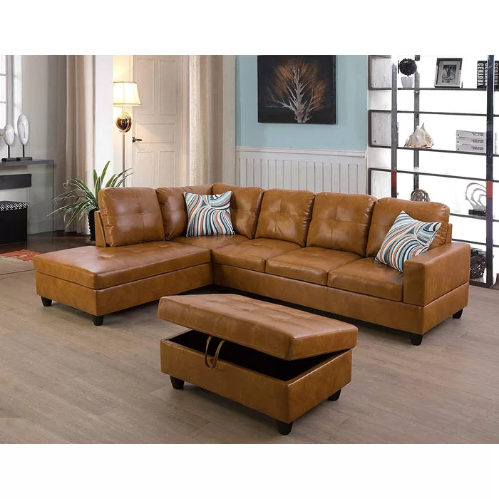 L- Shape Sectional Sofa: 103.5" Wide Faux Leather Sofa & Chaise with ottoman(Ginger)
