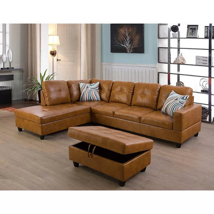 L- Shape Sectional Sofa: 103.5" Wide Faux Leather Sofa & Chaise with ottoman(Ginger)