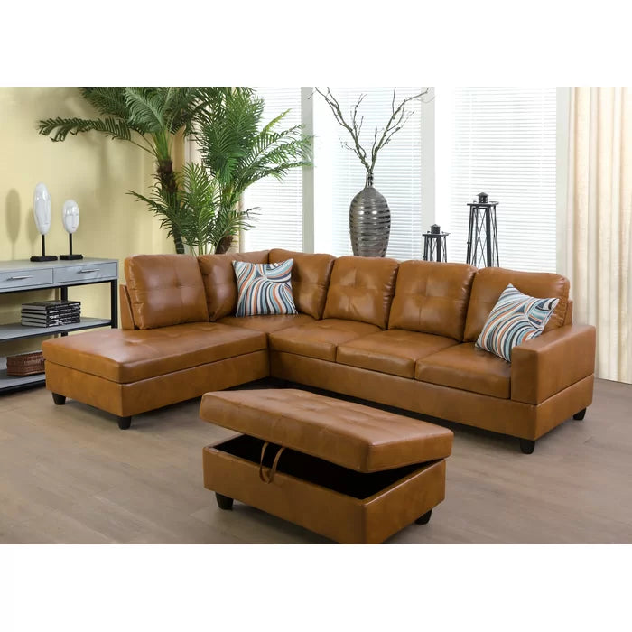 L- Shape Sectional Sofa: 103.5" Wide Faux Leather Sofa & Chaise with ottoman(Ginger)