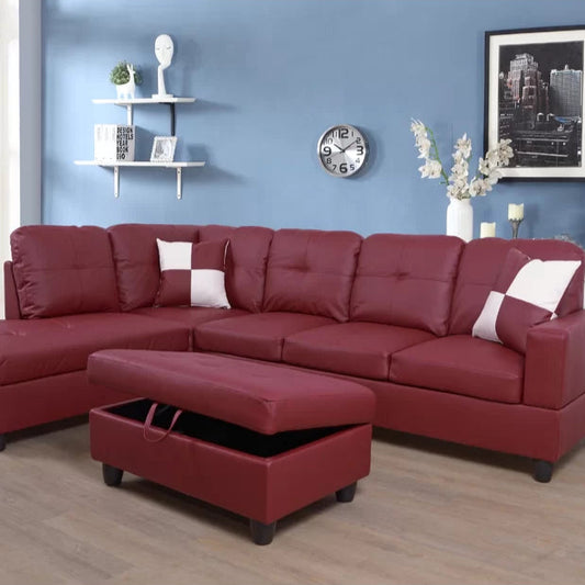 L- Shape Sectional Sofa: 103.5" Wide Faux Leather Sofa & Chaise with ottoman(Maroon)