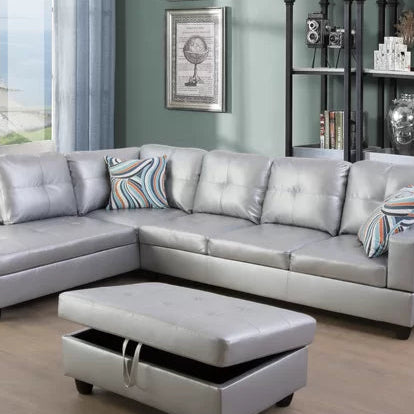 L- Shape Sectional Sofa: 103.5" Wide Faux Leather Sofa & Chaise with ottoman(Shinning Gray)