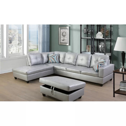 L- Shape Sectional Sofa: 103.5" Wide Faux Leather Sofa & Chaise with ottoman(Shinning Gray)