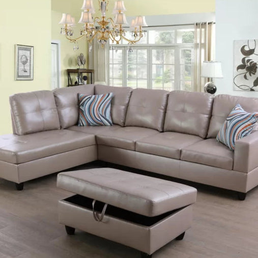 L- Shape Sectional Sofa: 103.5" Wide Faux Leather Sofa & Chaise with ottoman(Silver Gold)