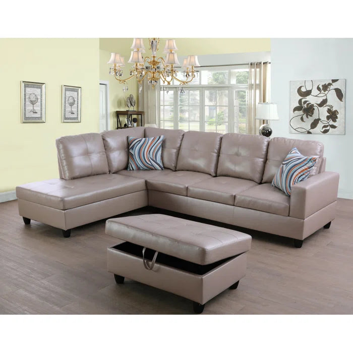 L- Shape Sectional Sofa: 103.5" Wide Faux Leather Sofa & Chaise with ottoman(Silver Gold)