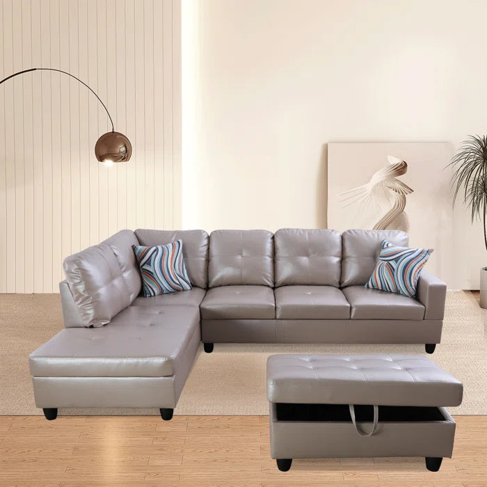 L- Shape Sectional Sofa: 103.5" Wide Faux Leather Sofa & Chaise with ottoman(Silver Gold)