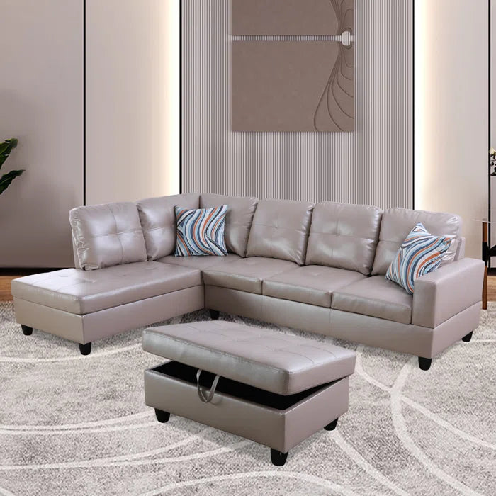 L- Shape Sectional Sofa: 103.5" Wide Faux Leather Sofa & Chaise with ottoman(Silver Gold)