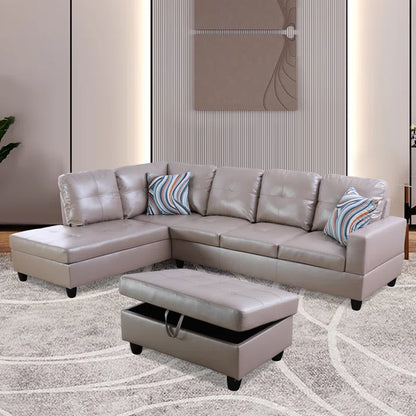 L- Shape Sectional Sofa: 103.5" Wide Faux Leather Sofa & Chaise with ottoman(Silver Gold)
