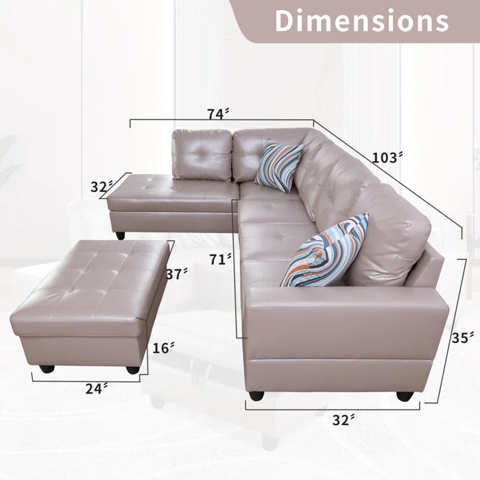 L- Shape Sectional Sofa: 103.5" Wide Faux Leather Sofa & Chaise with ottoman(Silver Gold)