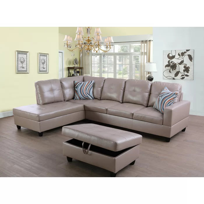 L- Shape Sectional Sofa: 103.5" Wide Faux Leather Sofa & Chaise with ottoman(Silver Gold)