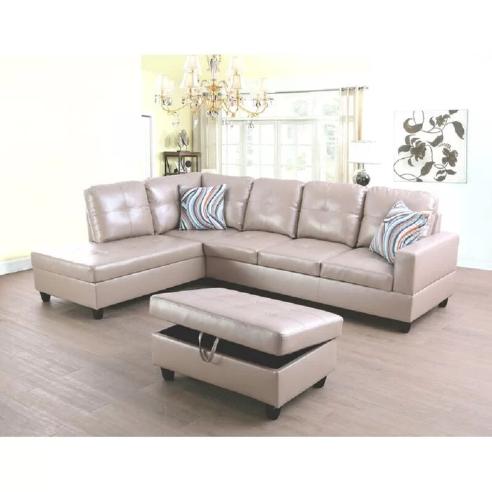 L- Shape Sectional Sofa: 103.5" Wide Faux Leather Sofa & Chaise with ottoman(Silver Gold)