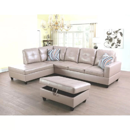 L- Shape Sectional Sofa: 103.5" Wide Faux Leather Sofa & Chaise with ottoman(Silver Gold)