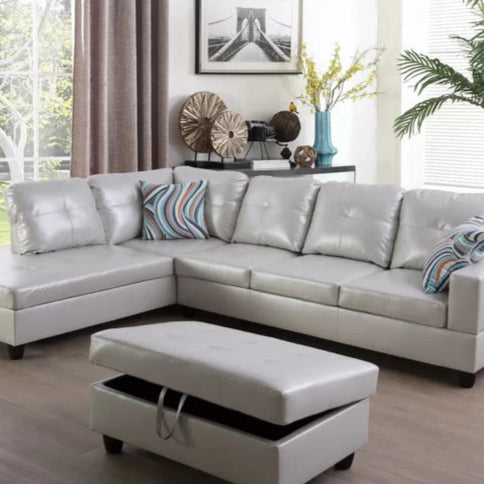 L- Shape Sectional Sofa: 103.5" Wide Faux Leather Sofa & Chaise with ottoman(Silver Light Gray)