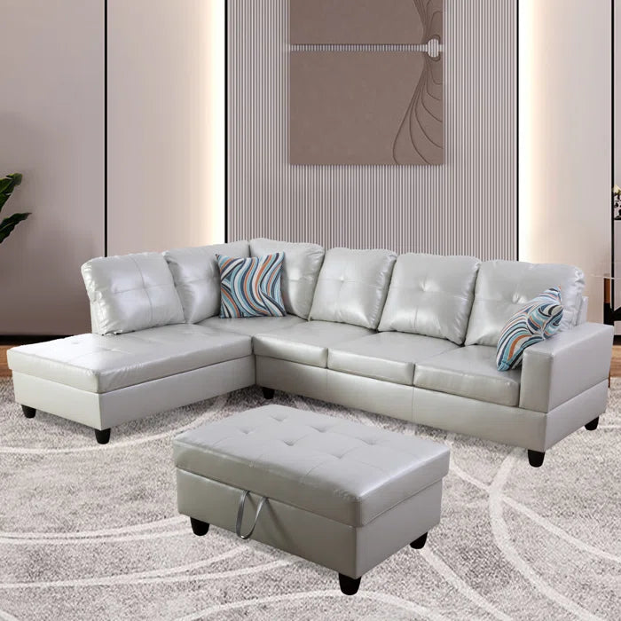 L- Shape Sectional Sofa: 103.5" Wide Faux Leather Sofa & Chaise with ottoman(Silver Light Gray)