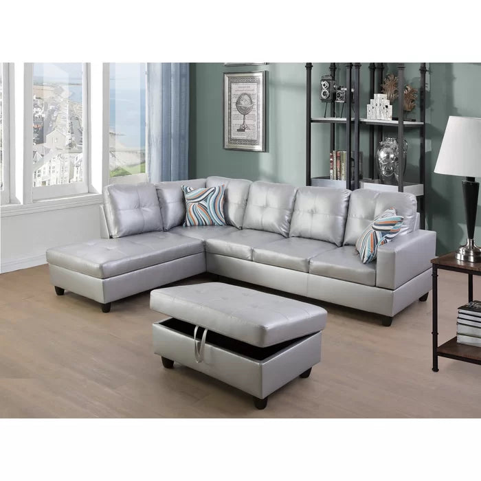 L- Shape Sectional Sofa: 103.5" Wide Faux Leather Sofa & Chaise with ottoman(Silver Light Gray)