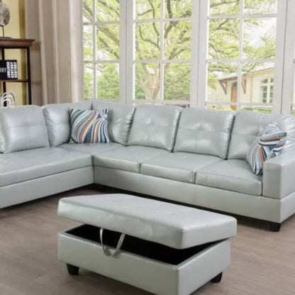 L- Shape Sectional Sofa: 103.5" Wide Faux Leather Sofa & Chaise with ottoman(Silver)