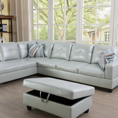 L- Shape Sectional Sofa: 103.5" Wide Faux Leather Sofa & Chaise with ottoman(Silver)