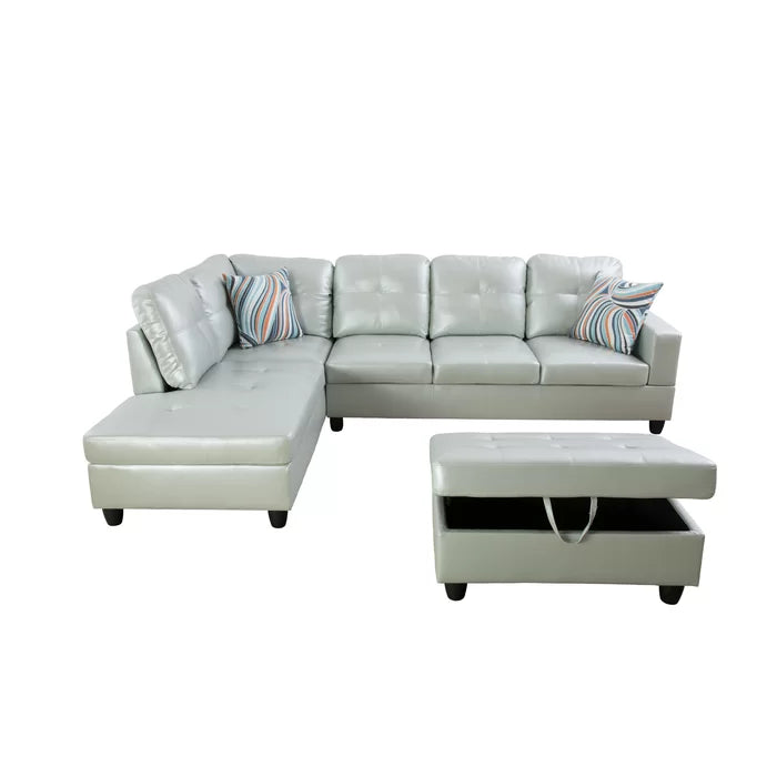L- Shape Sectional Sofa: 103.5" Wide Faux Leather Sofa & Chaise with ottoman(Silver)