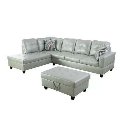 L- Shape Sectional Sofa: 103.5" Wide Faux Leather Sofa & Chaise with ottoman(Silver)