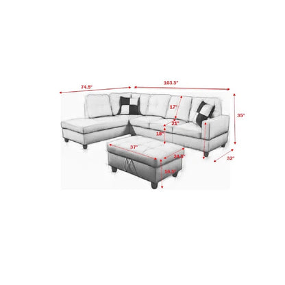 L- Shape Sectional Sofa: 103.5" Wide Faux Leather Sofa & Chaise with ottoman(Turquoise)