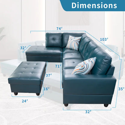 L- Shape Sectional Sofa: 103.5" Wide Faux Leather Sofa & Chaise with ottoman(Turquoise)