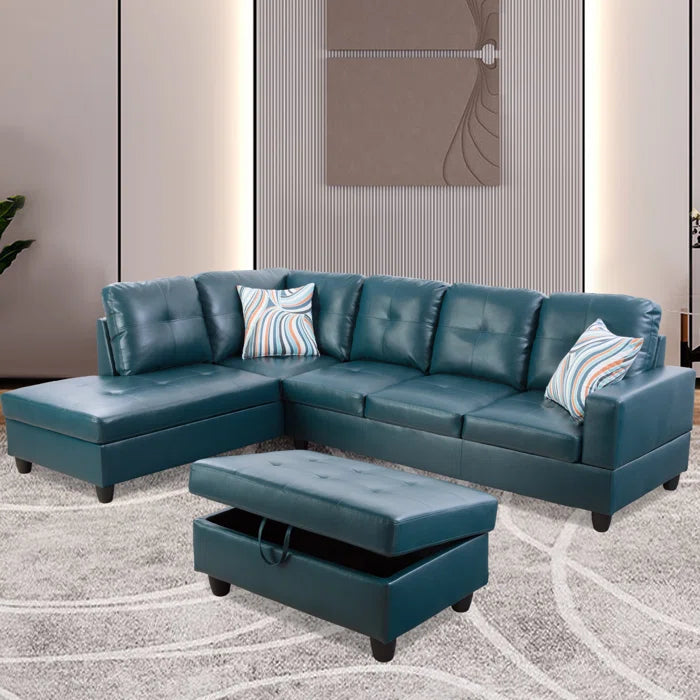 L- Shape Sectional Sofa: 103.5" Wide Faux Leather Sofa & Chaise with ottoman(Turquoise)