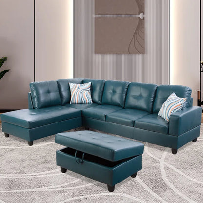 L- Shape Sectional Sofa: 103.5" Wide Faux Leather Sofa & Chaise with ottoman(Turquoise)