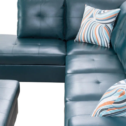 L- Shape Sectional Sofa: 103.5" Wide Faux Leather Sofa & Chaise with ottoman(Turquoise)