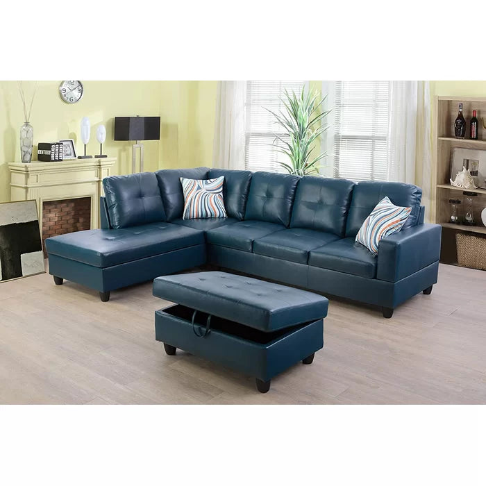 L- Shape Sectional Sofa: 103.5" Wide Faux Leather Sofa & Chaise with ottoman(Turquoise)