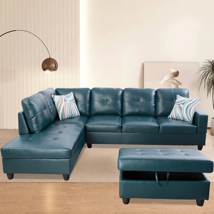 L- Shape Sectional Sofa: 103.5" Wide Faux Leather Sofa & Chaise with ottoman(Turquoise)