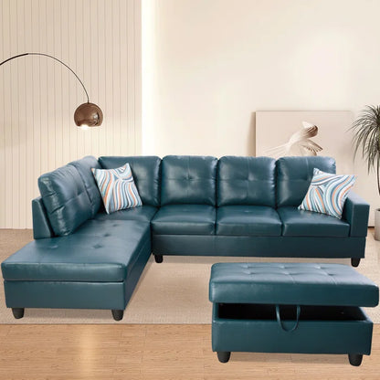 L- Shape Sectional Sofa: 103.5" Wide Faux Leather Sofa & Chaise with ottoman(Turquoise)