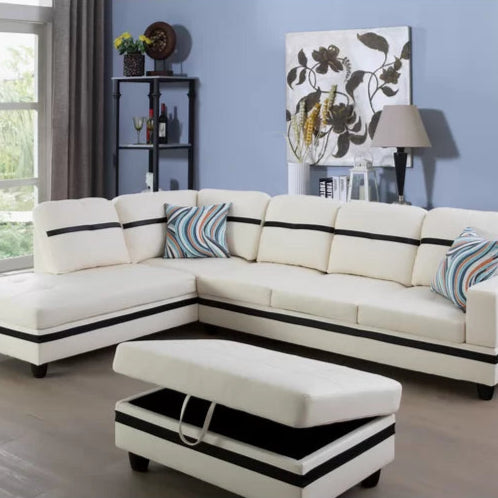 L- Shape Sectional Sofa: 103.5" Wide Faux Leather Sofa & Chaise with ottoman(White/Black)