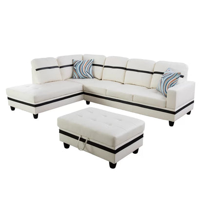 L- Shape Sectional Sofa: 103.5" Wide Faux Leather Sofa & Chaise with ottoman(White/Black)