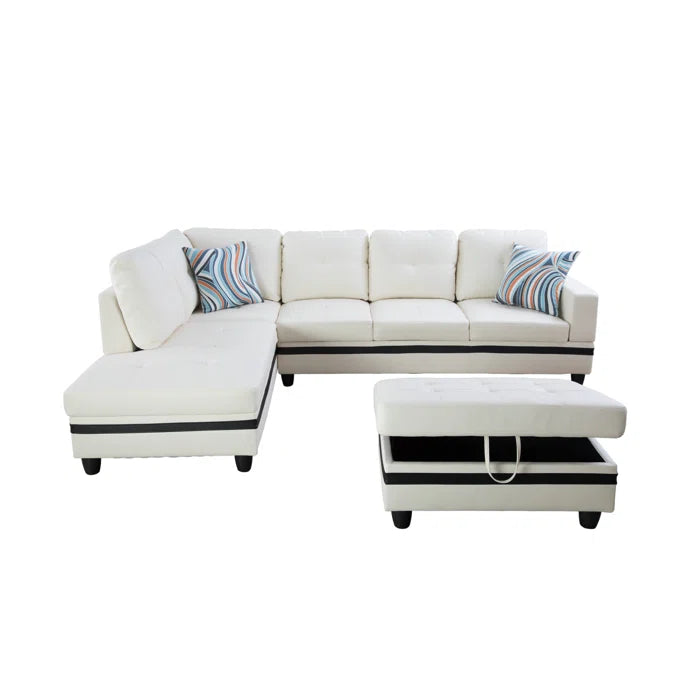 L- Shape Sectional Sofa: 103.5" Wide Faux Leather Sofa & Chaise with ottoman(White Stripe)