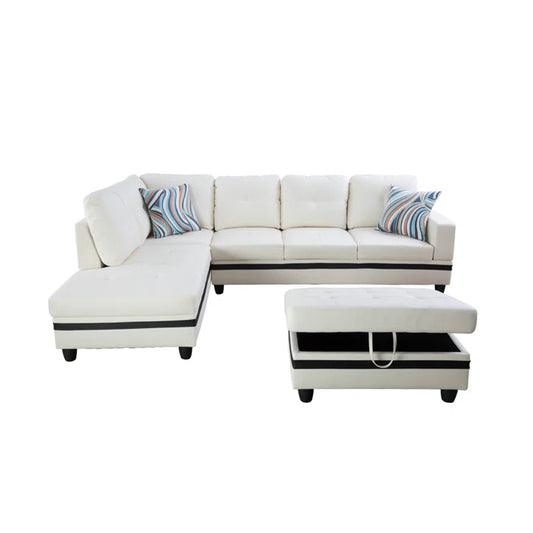 L- Shape Sectional Sofa: 103.5" Wide Faux Leather Sofa & Chaise with ottoman(White Stripe)
