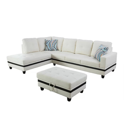L- Shape Sectional Sofa: 103.5" Wide Faux Leather Sofa & Chaise with ottoman(White Stripe)