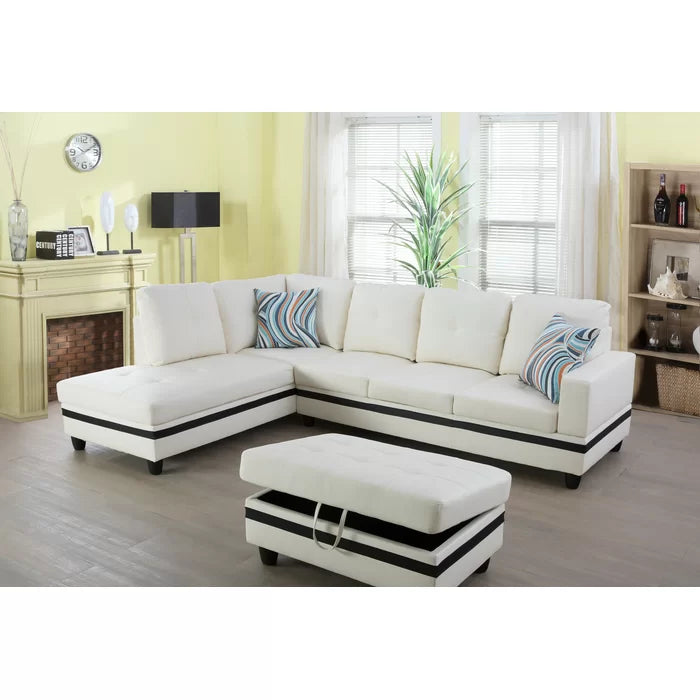 L- Shape Sectional Sofa: 103.5" Wide Faux Leather Sofa & Chaise with ottoman(White Stripe)