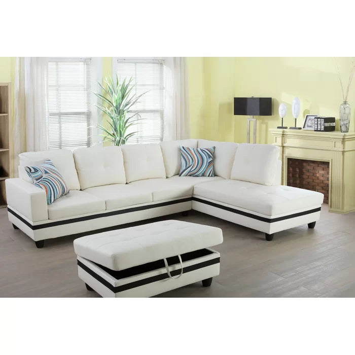 L- Shape Sectional Sofa: 103.5" Wide Faux Leather Sofa & Chaise with ottoman(White Stripe)