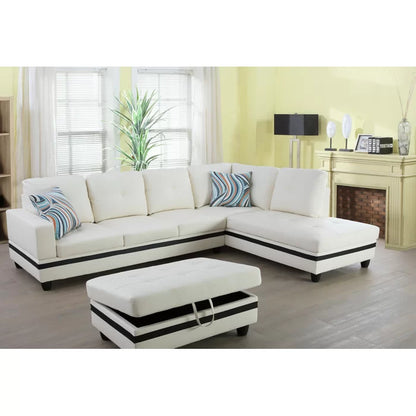 L- Shape Sectional Sofa: 103.5" Wide Faux Leather Sofa & Chaise with ottoman(White Stripe)