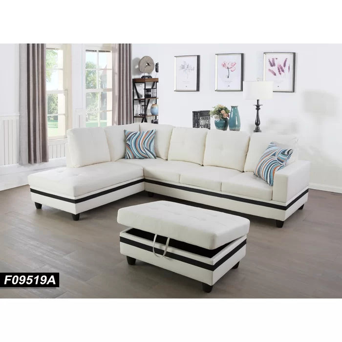 L- Shape Sectional Sofa: 103.5" Wide Faux Leather Sofa & Chaise with ottoman(White Stripe)