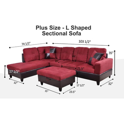 THE CASA ORO® L-Shape Sofa: 103" Wide L-Shaped Modular Living Room Sectional Sofa(Red Microfiber)