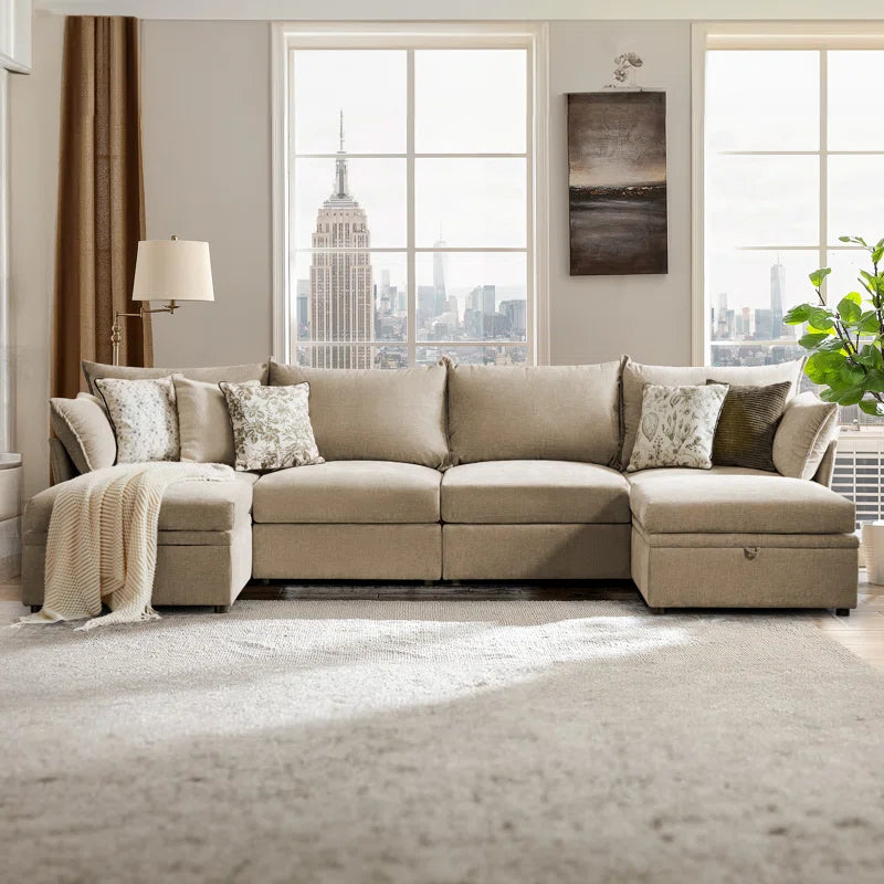 U-Shape Sectional Sofa: 130.5'' Wide Reversible Modern Modular Fabric Sectional Sofa With Storage Ottoman(Beige Chenille)