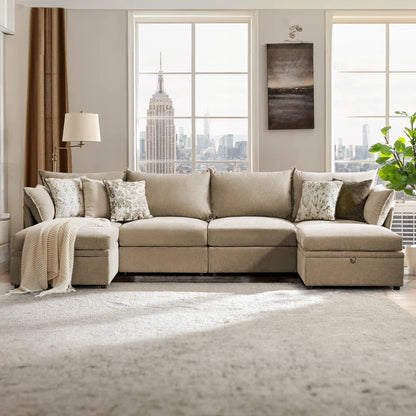 U-Shape Sectional Sofa: 130.5'' Wide Reversible Modern Modular Fabric Sectional Sofa With Storage Ottoman(Beige Chenille)