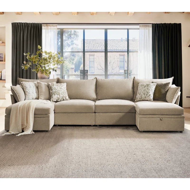 U-Shape Sectional Sofa: 130.5'' Wide Reversible Modern Modular Fabric Sectional Sofa With Storage Ottoman(Beige Chenille)